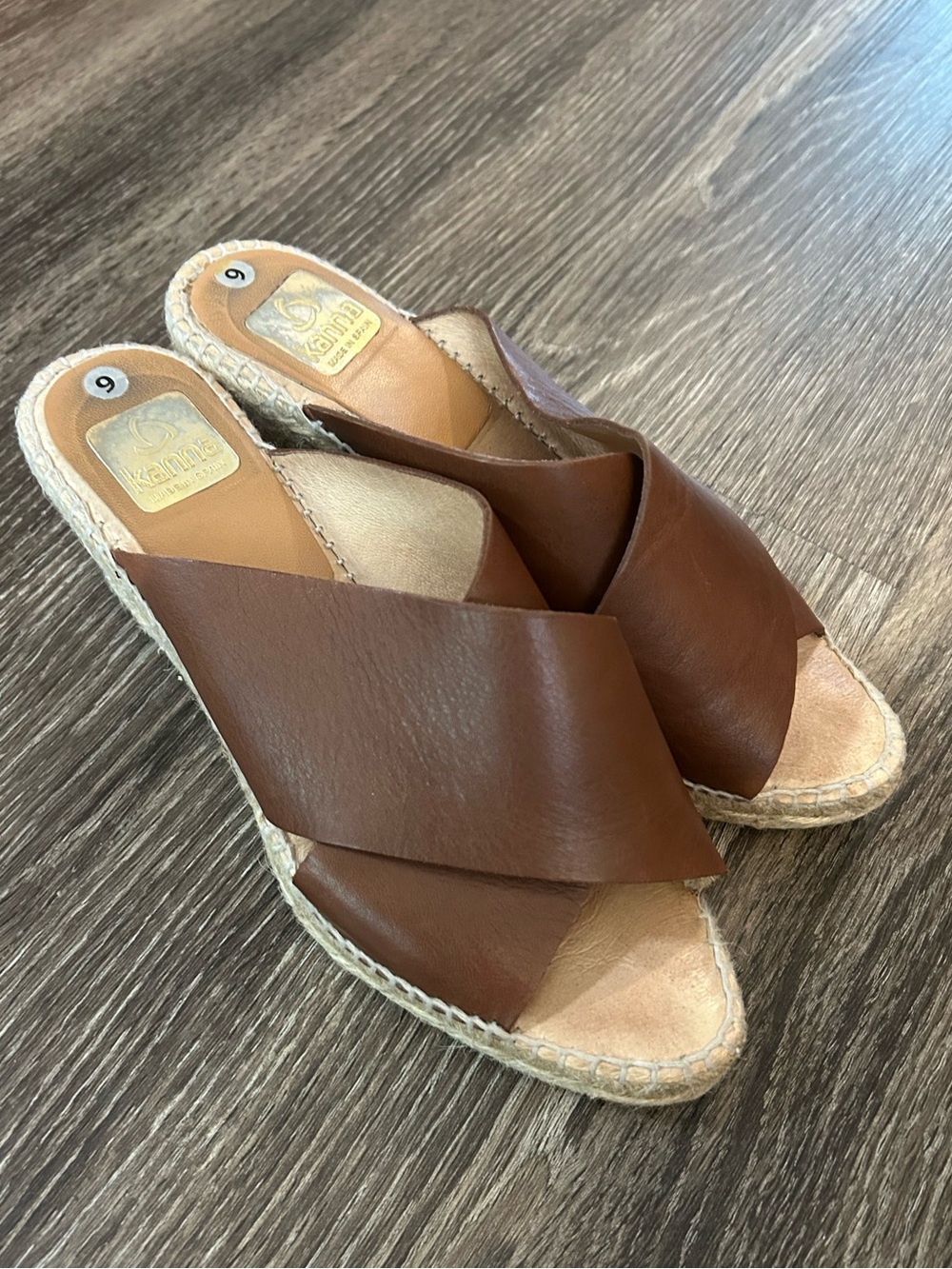Kanna Womenβs Brown Leather Slide Espadrille Heel Sandals Size 9 | EU 40